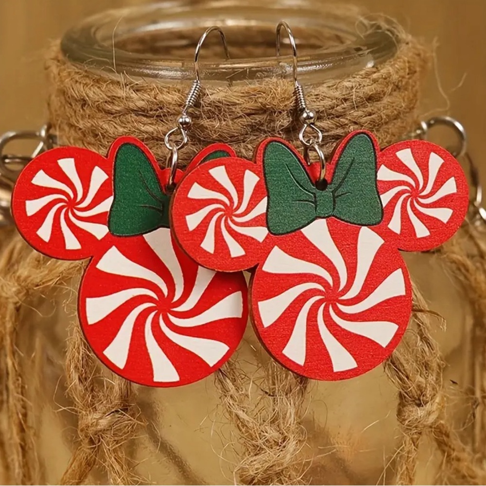 Minnie Mouse Candy Christmas Dangle Earrings Wooden Jewelry - Picture 2 of 3
